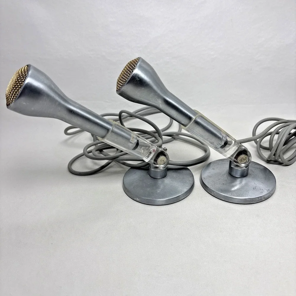 SONOTONE CM-10A 2 Microphones With Stands Vintage 1960s Silver Works Rare